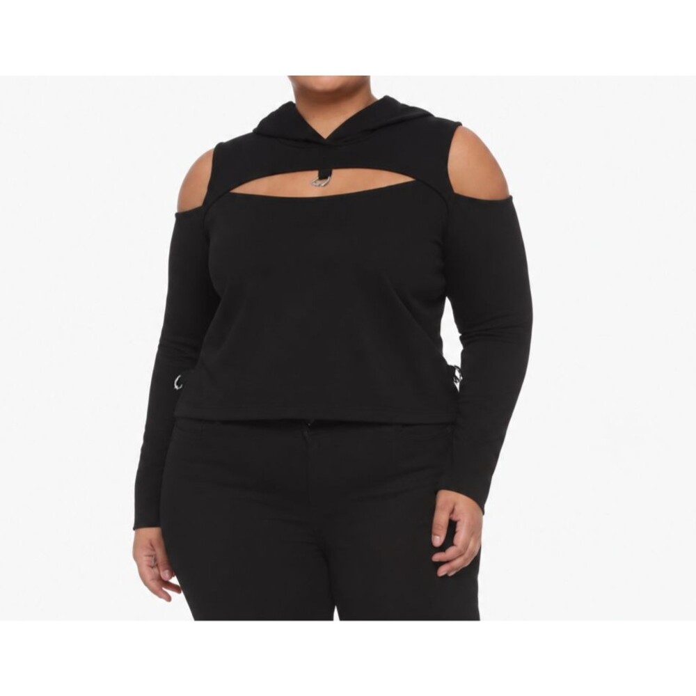 Hot Topic Bondage Crop Hoodie Womens Plus 5 Black Cold Shoulder Goth Punk Grunge